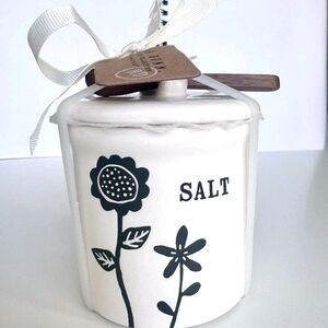 Rae Dunn Floral Ceramic SALT Cellar with Wood Mini Spoon, NEW With Tag!
